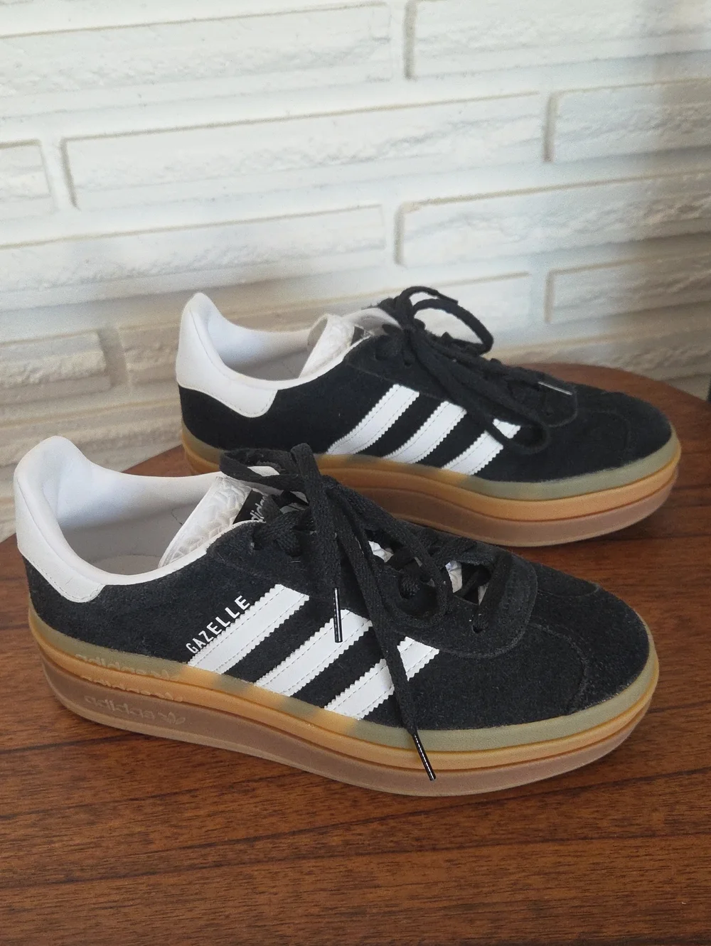 adidas Gazelle Women's Black Suede Sneakers with White Stripes and Gum Sole